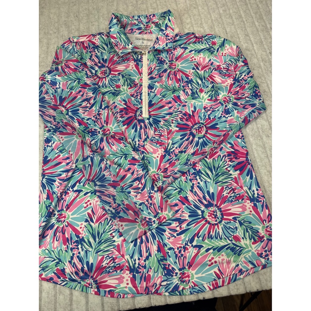 SanSoleil SolCool‎ UV 50+ Cooling Floral Quarter Zip Performance Top Pink Blue L